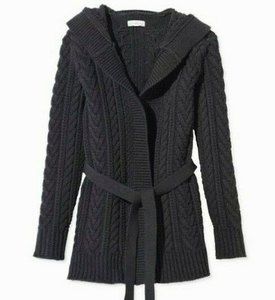 Ll Bean Signature Black Long Open Front Cardigan Hooded Women